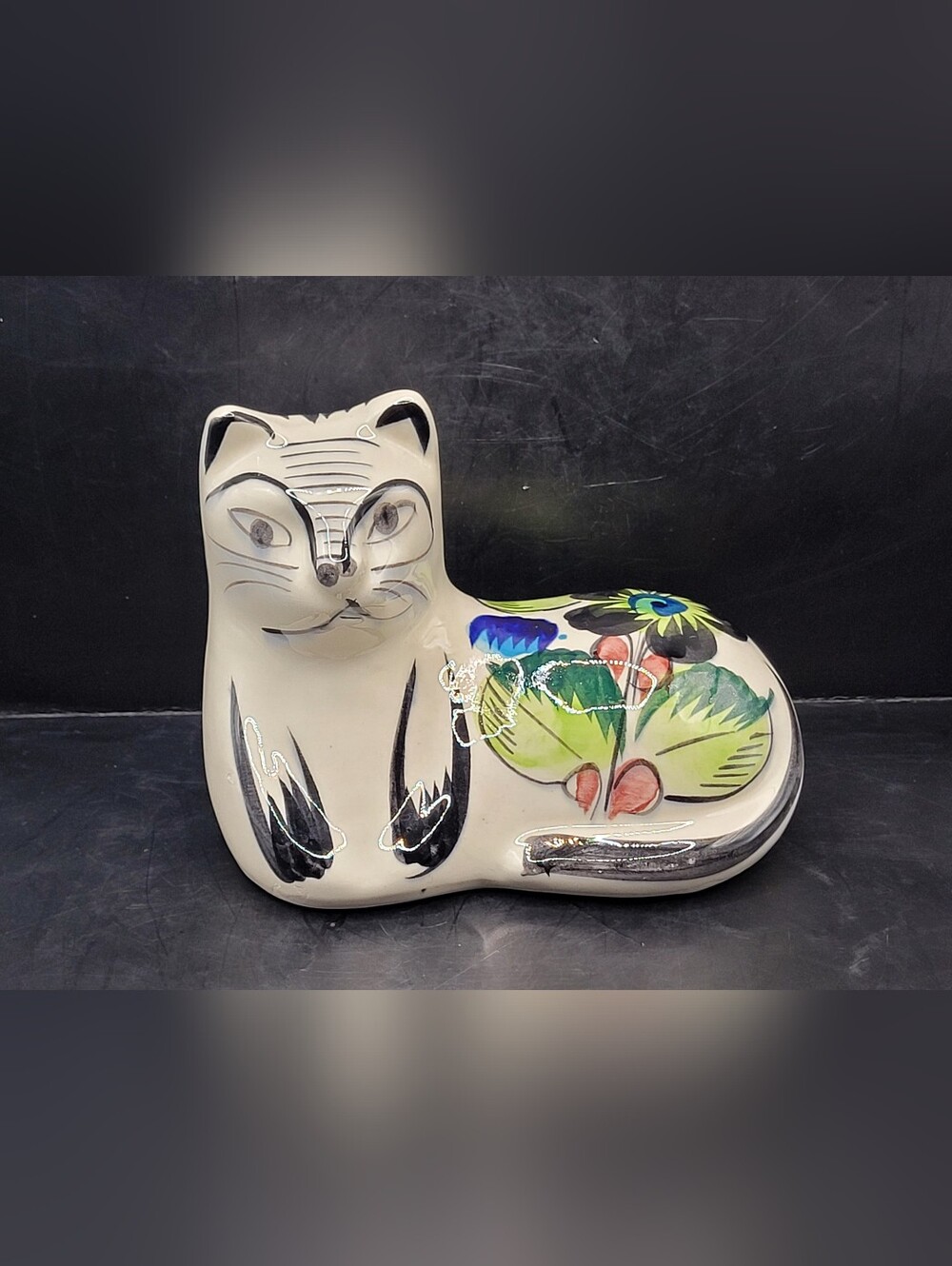 Vintage Mexican Pottery Cat Figurine Hand Painted Folk Art 5 Inch